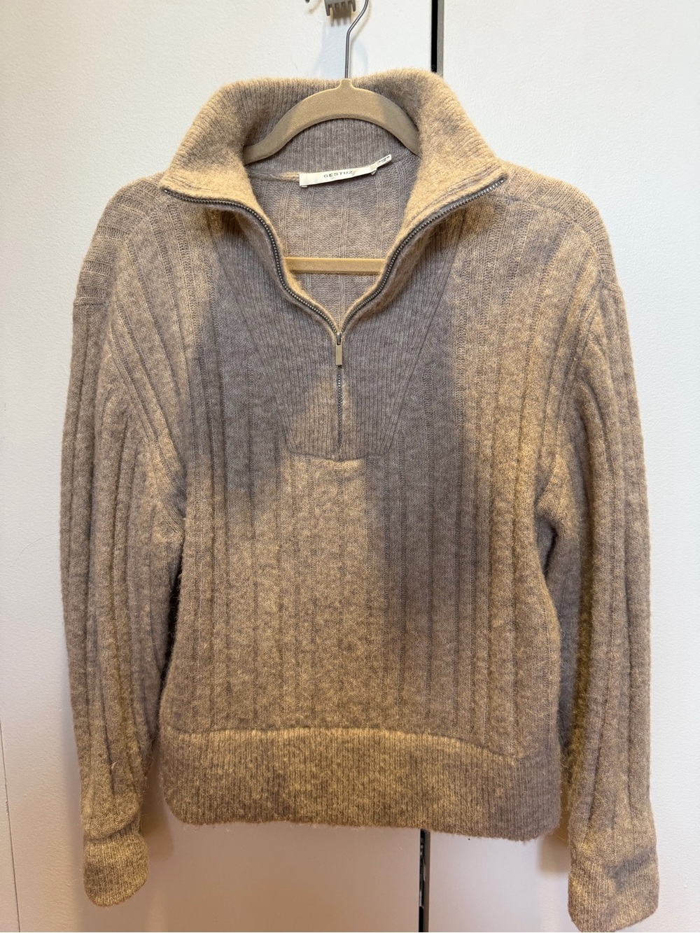 Half-Zip Ribbed Turtleneck Sweater in Taupe